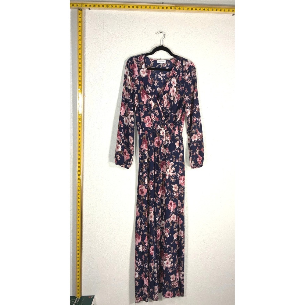 Honey and Rosie Navy Pink‎ Floral Long Sleeve Maxi Dress Surplice V-Neck Size 9